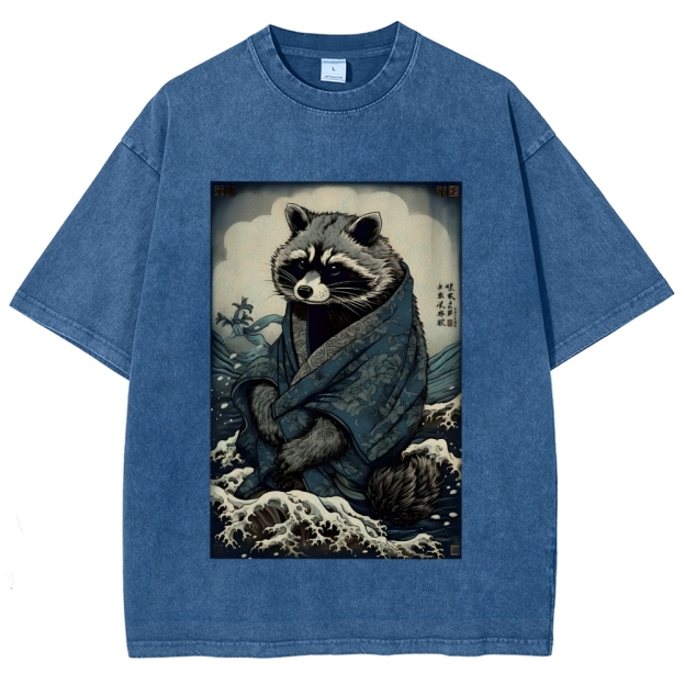 Raccoon and Waves - Traditional Japanese Ukiyoe Painting Vintage Washed T-shirt