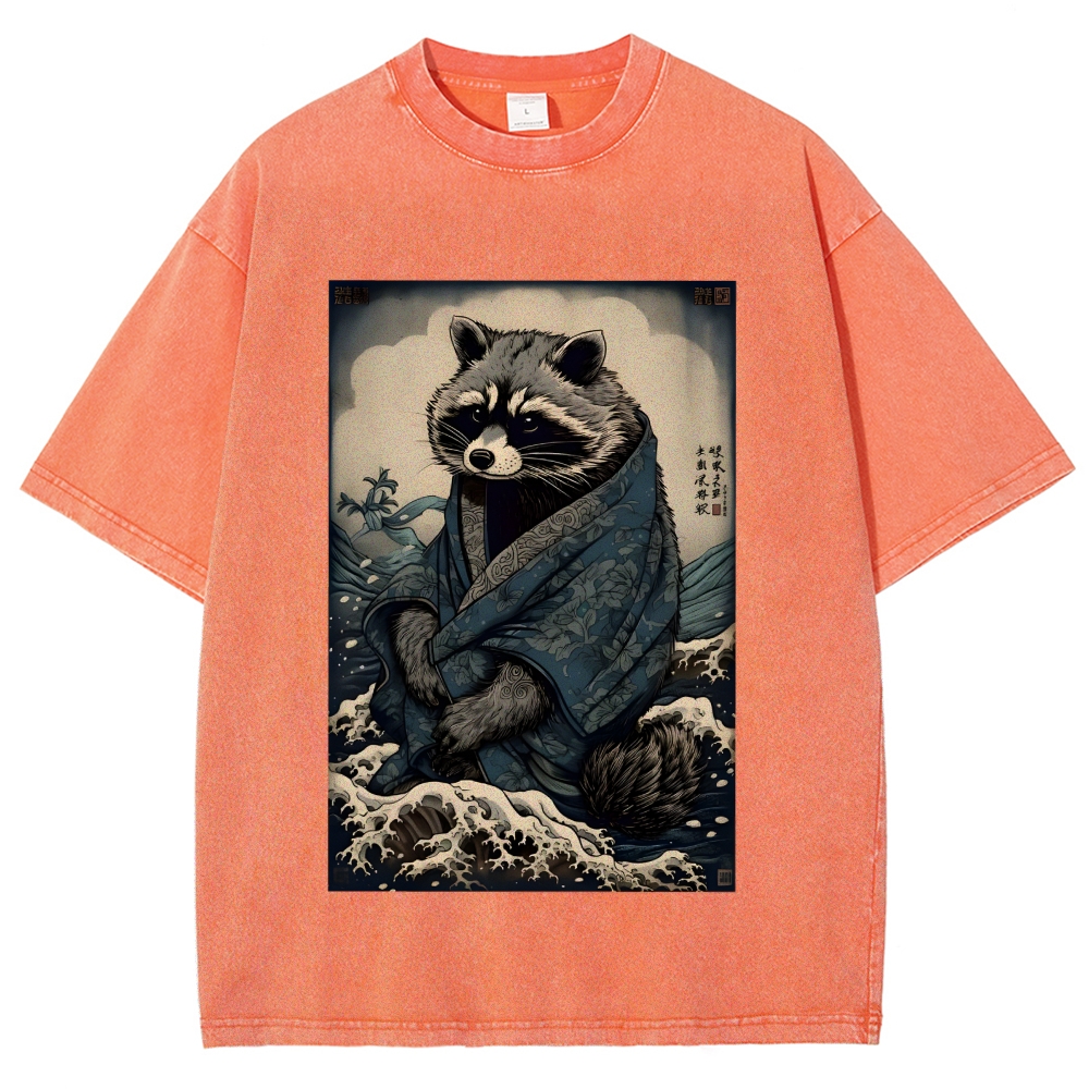 Raccoon and Waves - Traditional Japanese Ukiyoe Painting Vintage Washed T-shirt