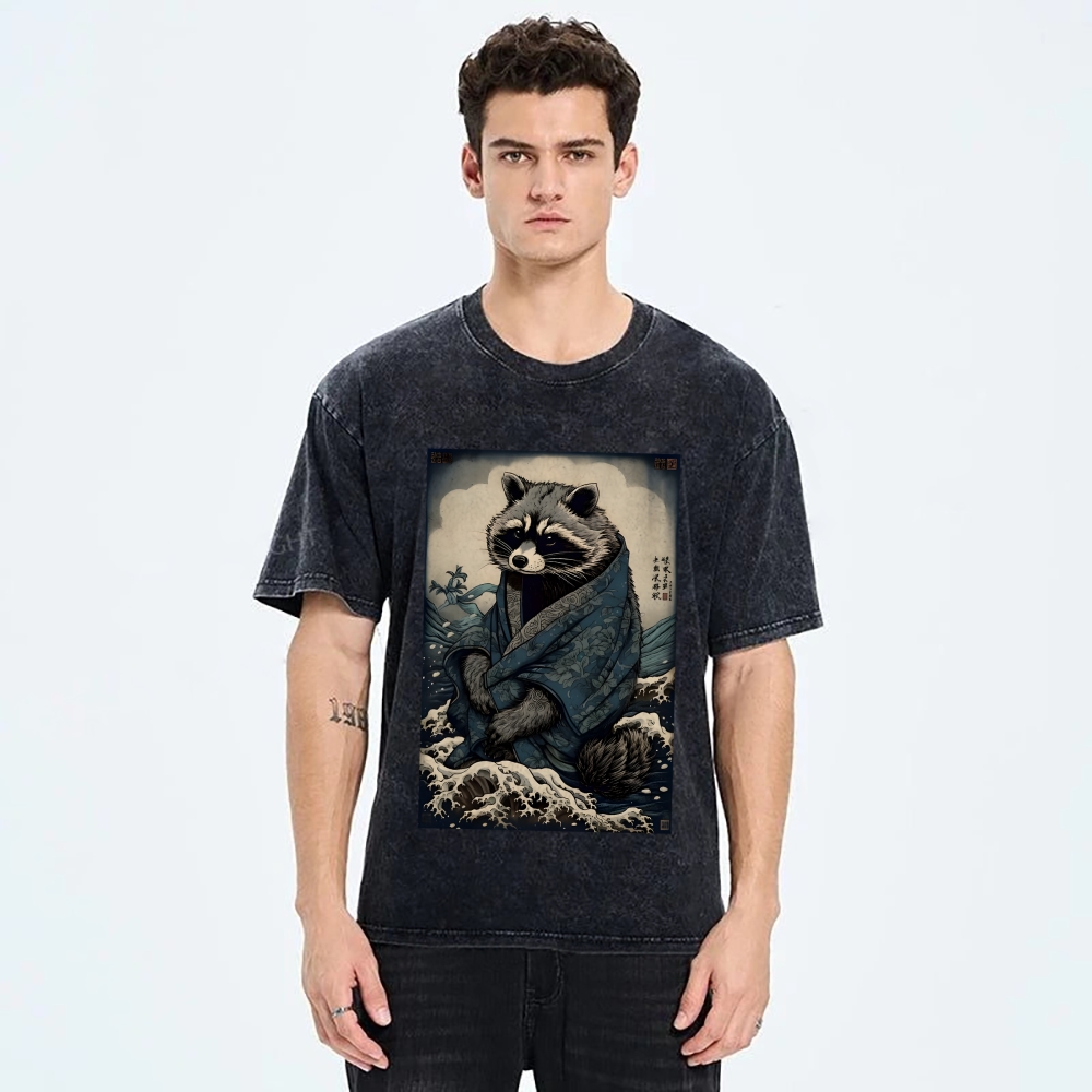 Raccoon and Waves - Traditional Japanese Ukiyoe Painting Vintage Washed T-shirt