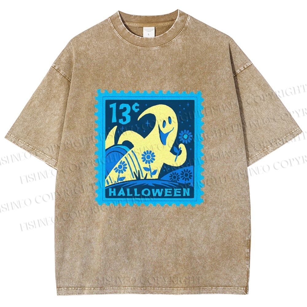 Unisex Halloween Stamp Printed Washed Tee