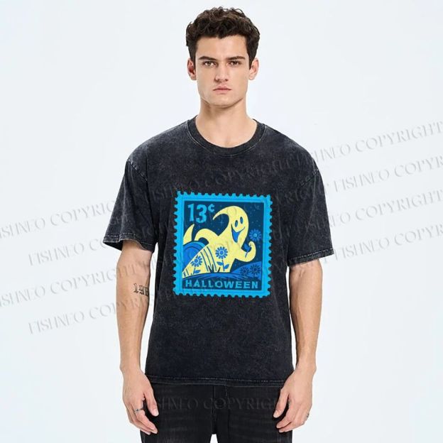 Unisex Halloween Stamp Printed Washed Tee