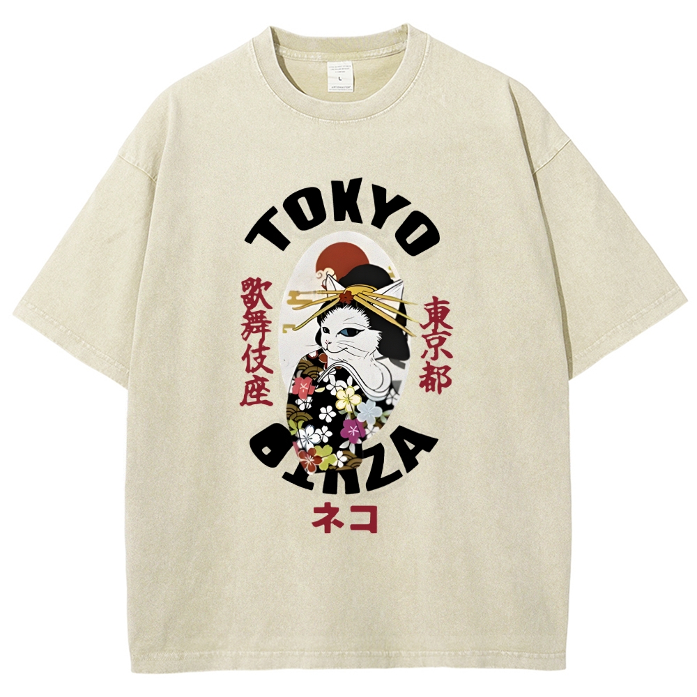  Geisha Cat Japan Washed T-Shirt