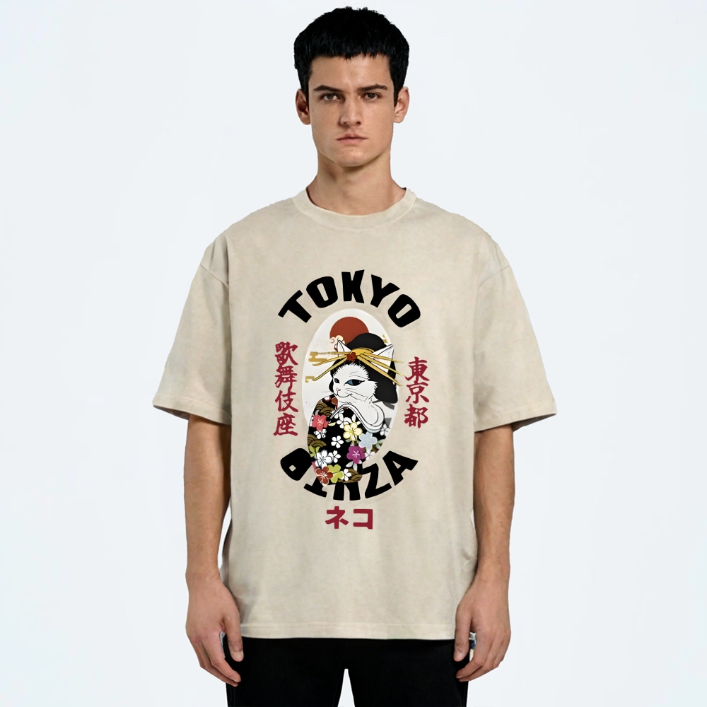  Geisha Cat Japan Washed T-Shirt