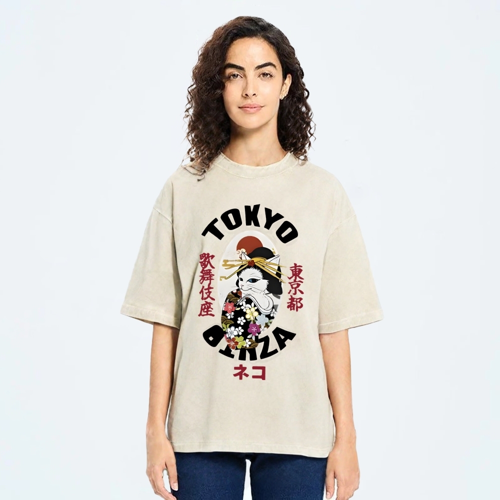  Geisha Cat Japan Washed T-Shirt