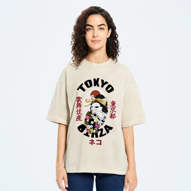  Geisha Cat Japan Washed T-Shirt