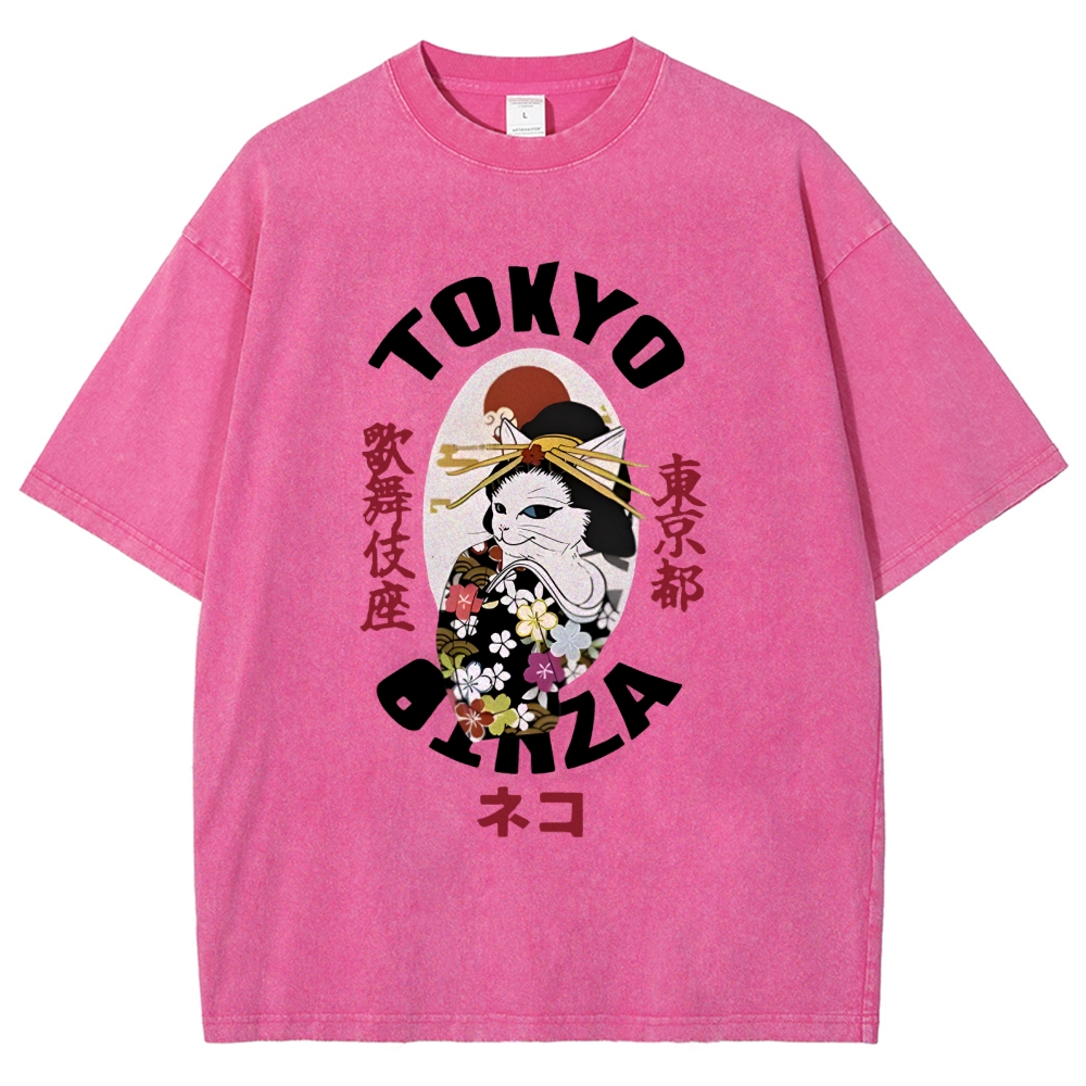  Geisha Cat Japan Washed T-Shirt