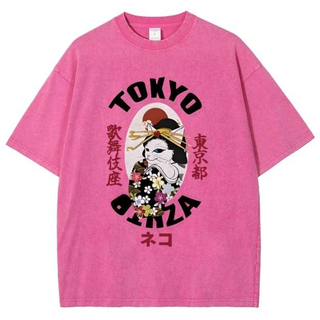  Geisha Cat Japan Washed T-Shirt