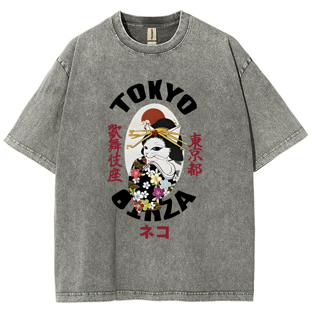  Geisha Cat Japan Washed T-Shirt
