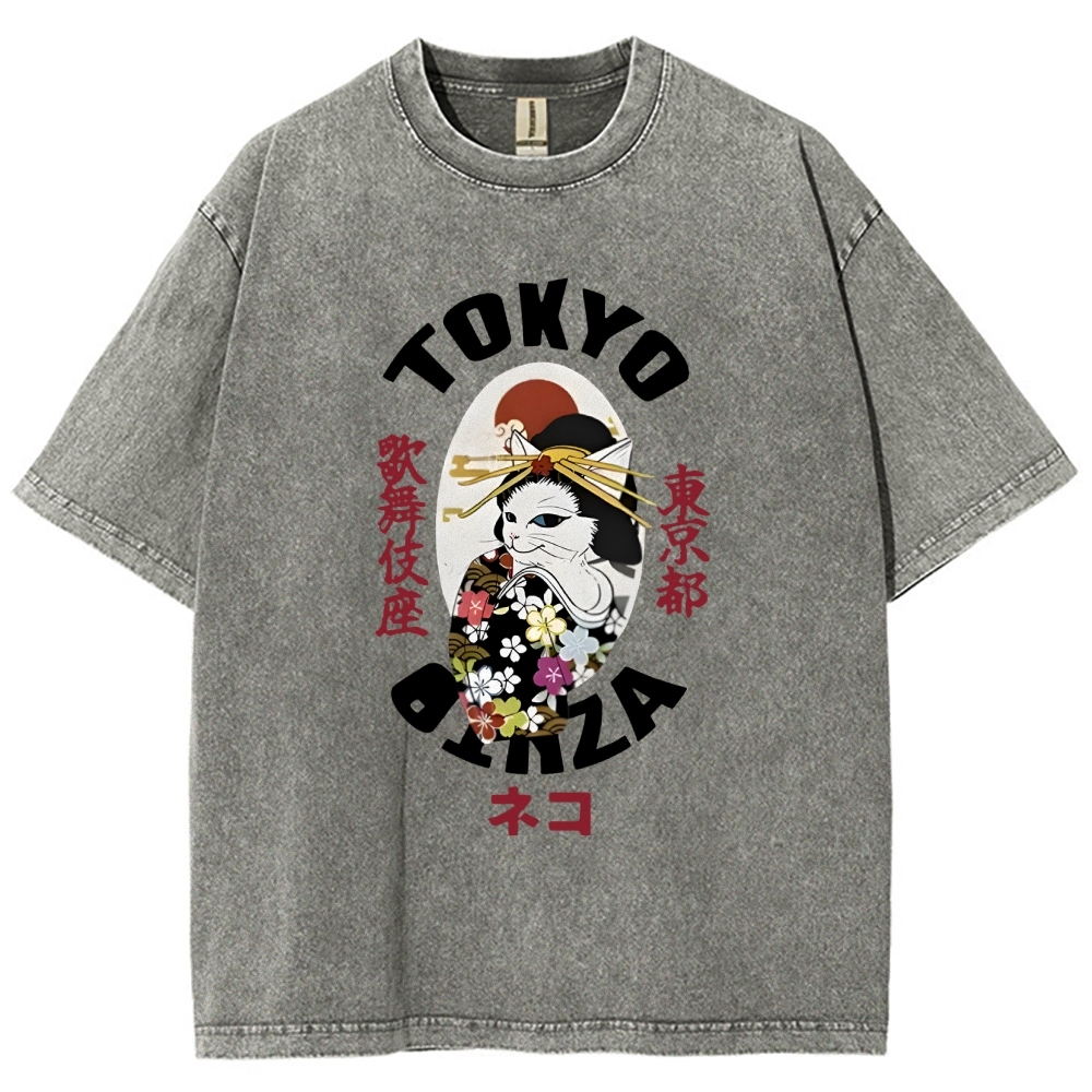  Geisha Cat Japan Washed T-Shirt