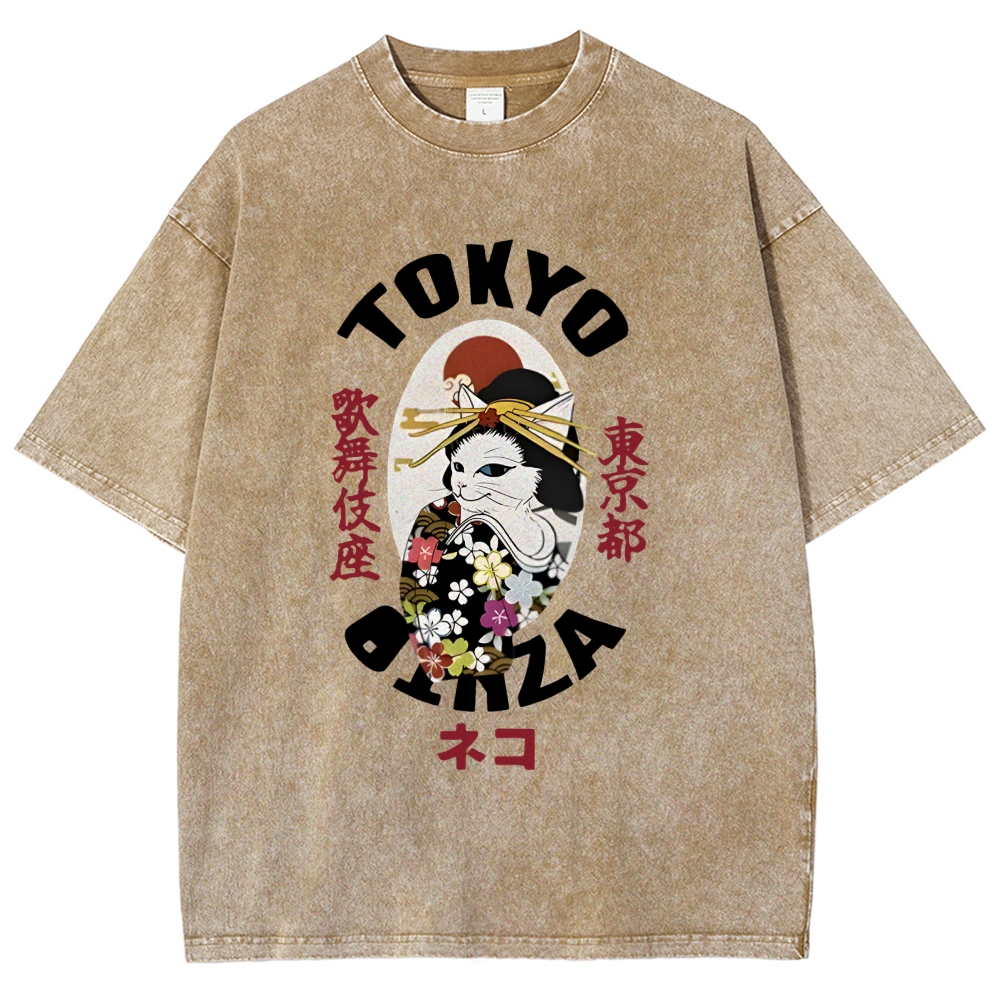  Geisha Cat Japan Washed T-Shirt