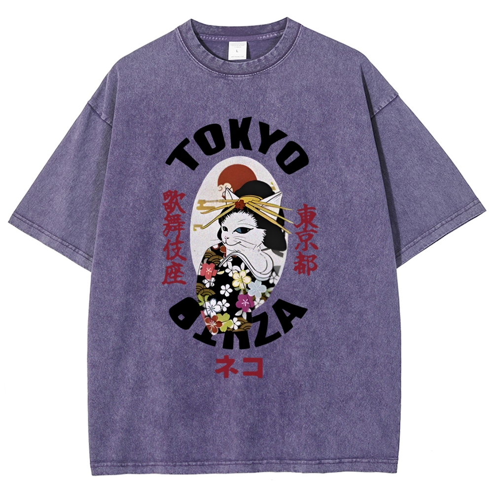  Geisha Cat Japan Washed T-Shirt