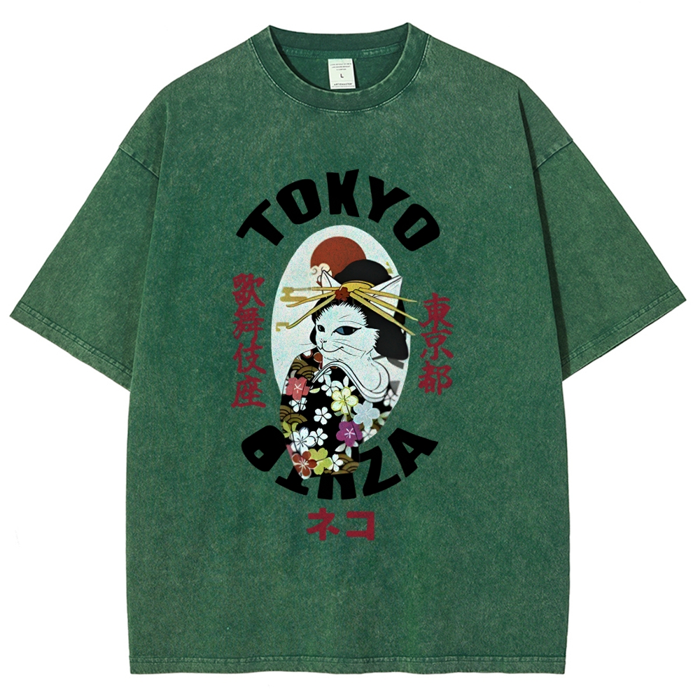  Geisha Cat Japan Washed T-Shirt