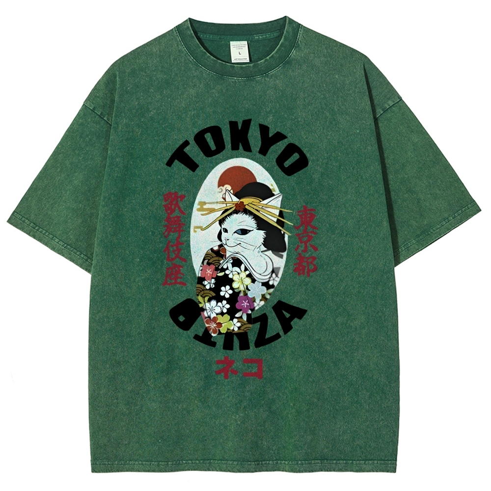  Geisha Cat Japan Washed T-Shirt