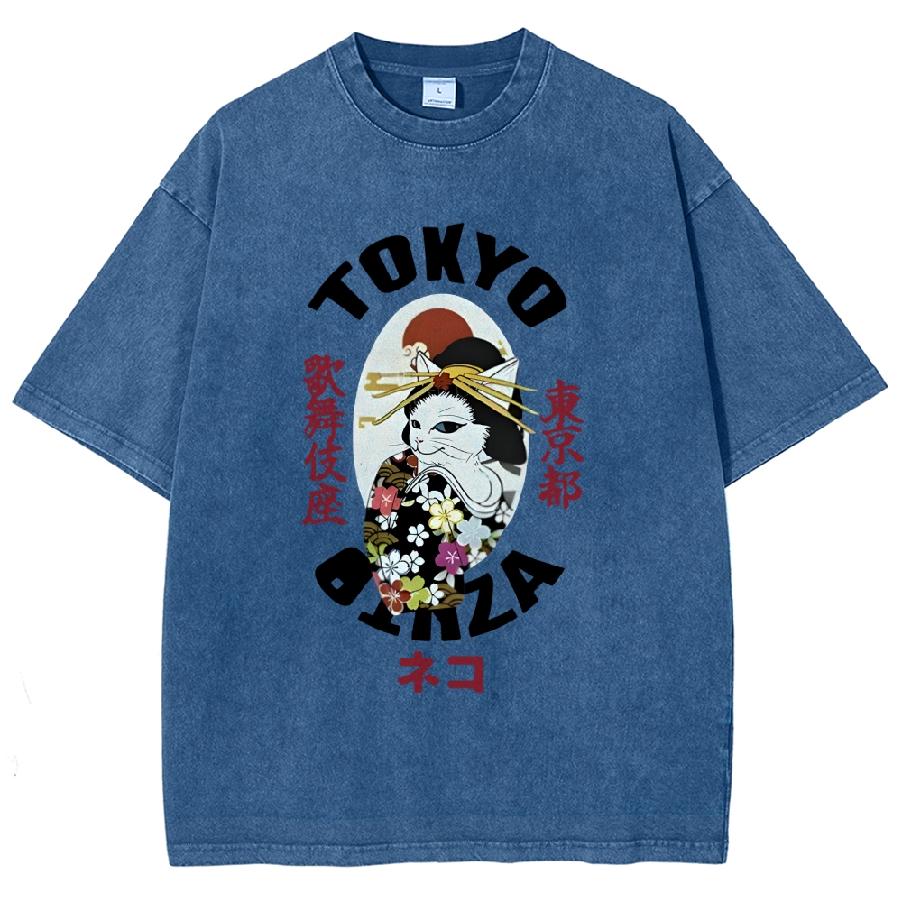  Geisha Cat Japan Washed T-Shirt