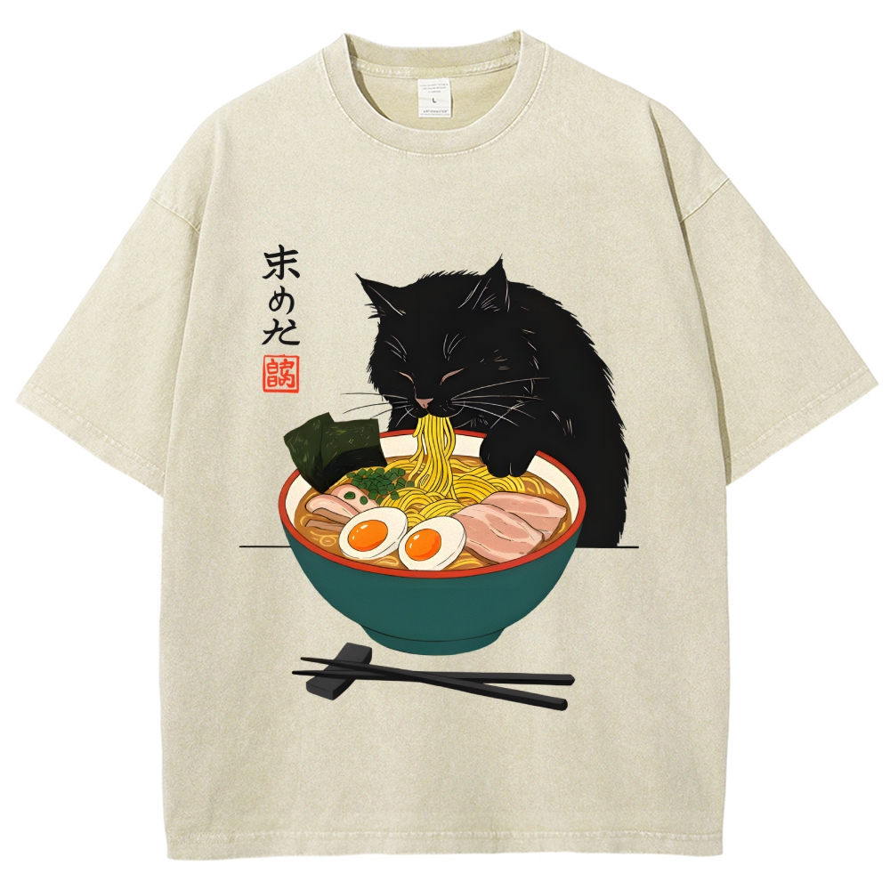 Black Cat Eating Ramen Vintage Washed T-shirt