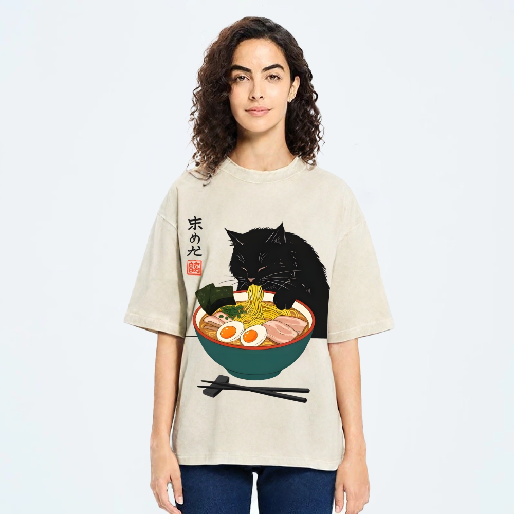 Black Cat Eating Ramen Vintage Washed T-shirt