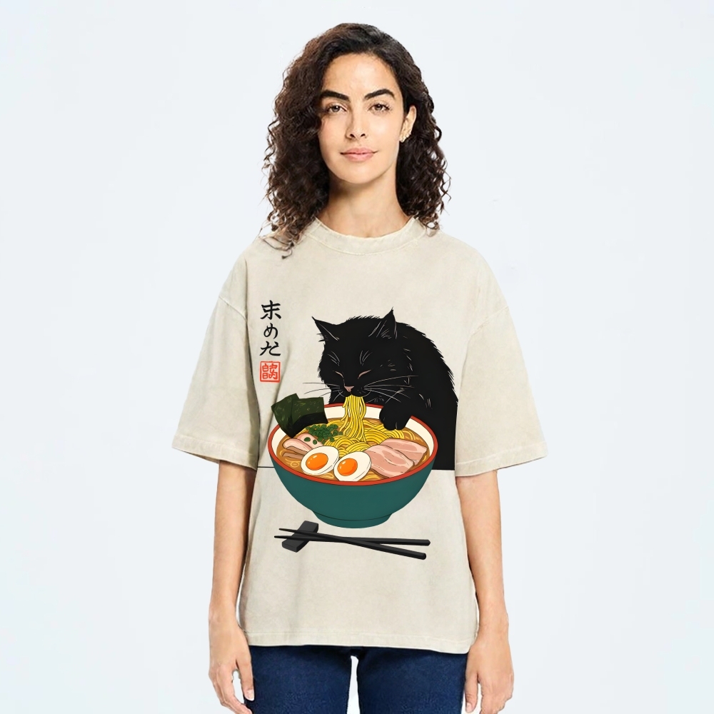Black Cat Eating Ramen Vintage Washed T-shirt