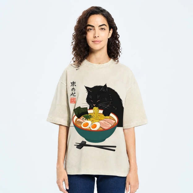 Black Cat Eating Ramen Vintage Washed T-shirt