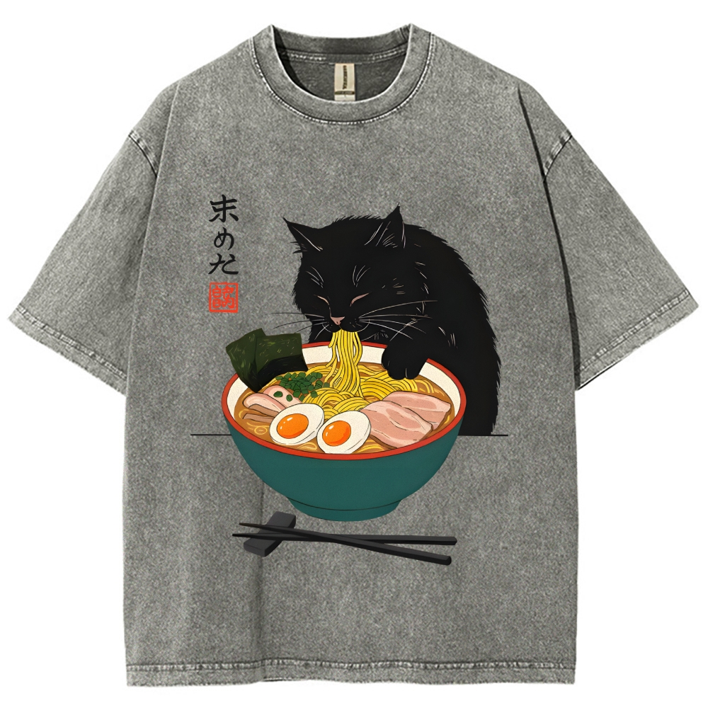 Black Cat Eating Ramen Vintage Washed T-shirt