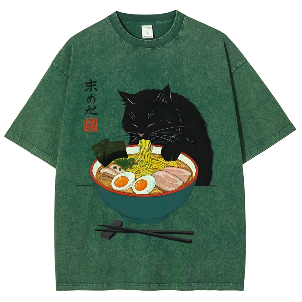 Black Cat Eating Ramen Vintage Washed T-shirt
