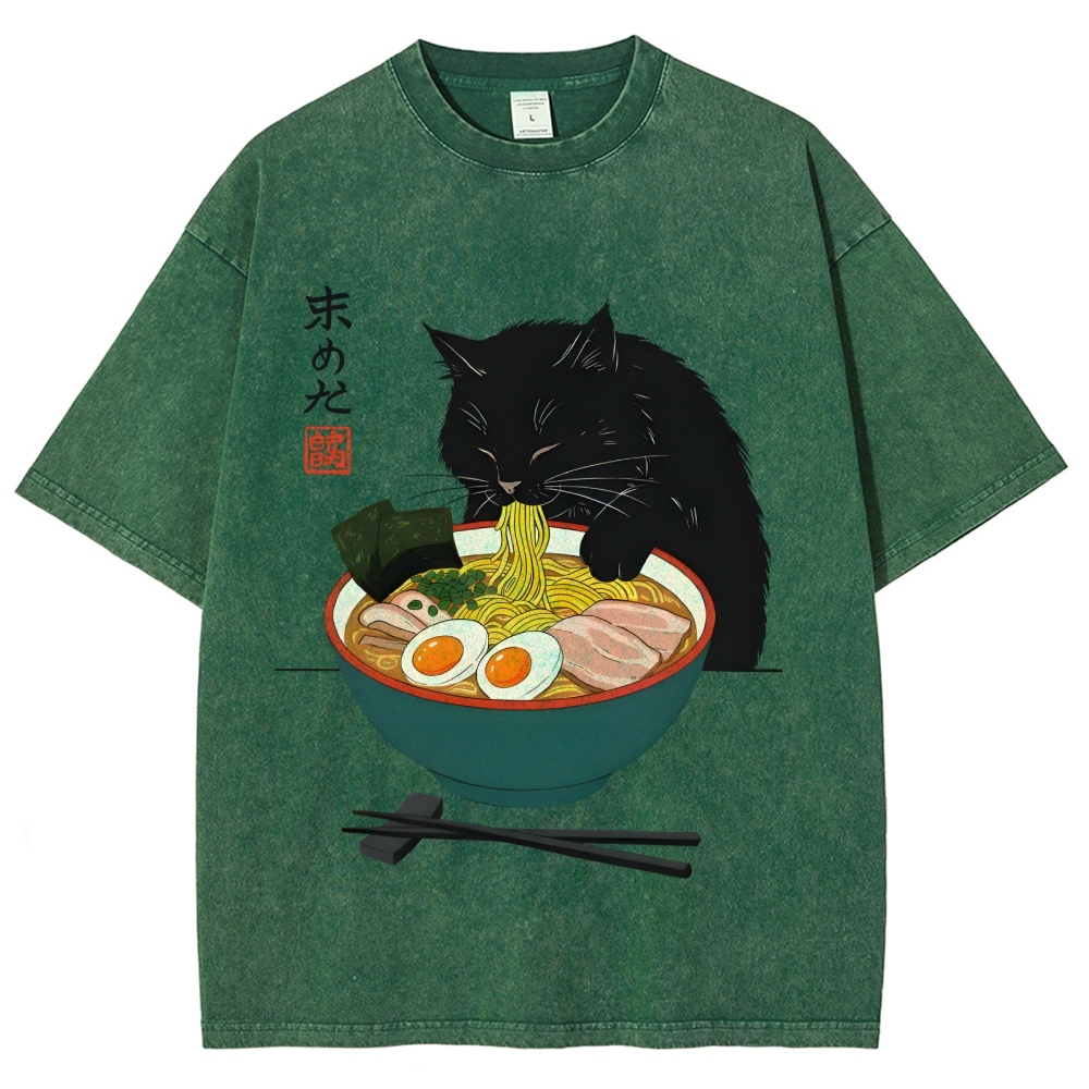 Black Cat Eating Ramen Vintage Washed T-shirt