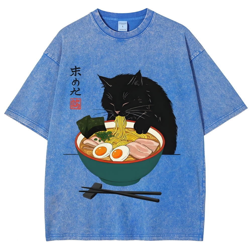 Black Cat Eating Ramen Vintage Washed T-shirt