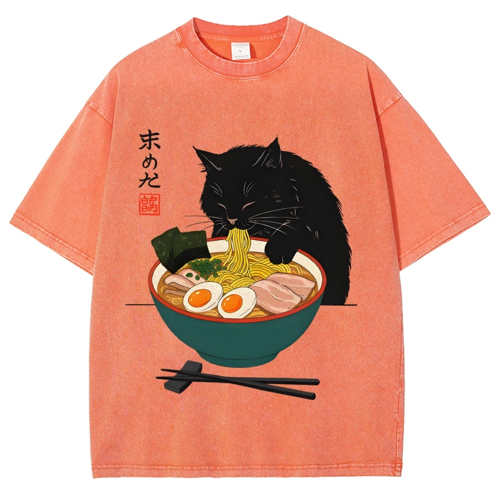 Black Cat Eating Ramen Vintage Washed T-shirt