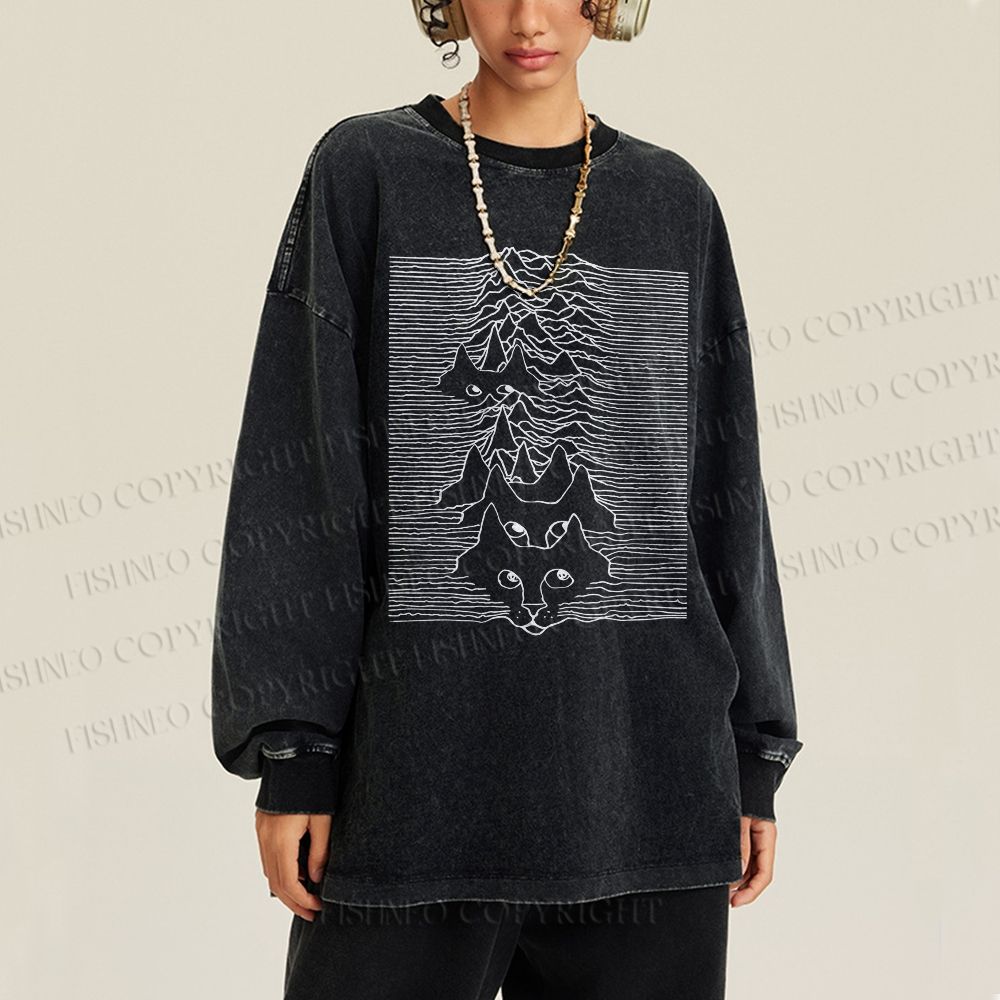 Unisex Casual Washed Artistic Wave Dog Printed Long Sleeve T-shirt