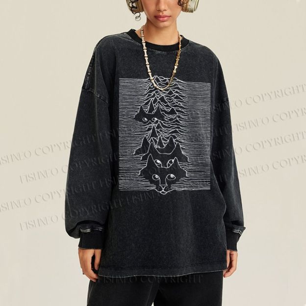 Unisex Casual Washed Artistic Wave Dog Printed Long Sleeve T-shirt