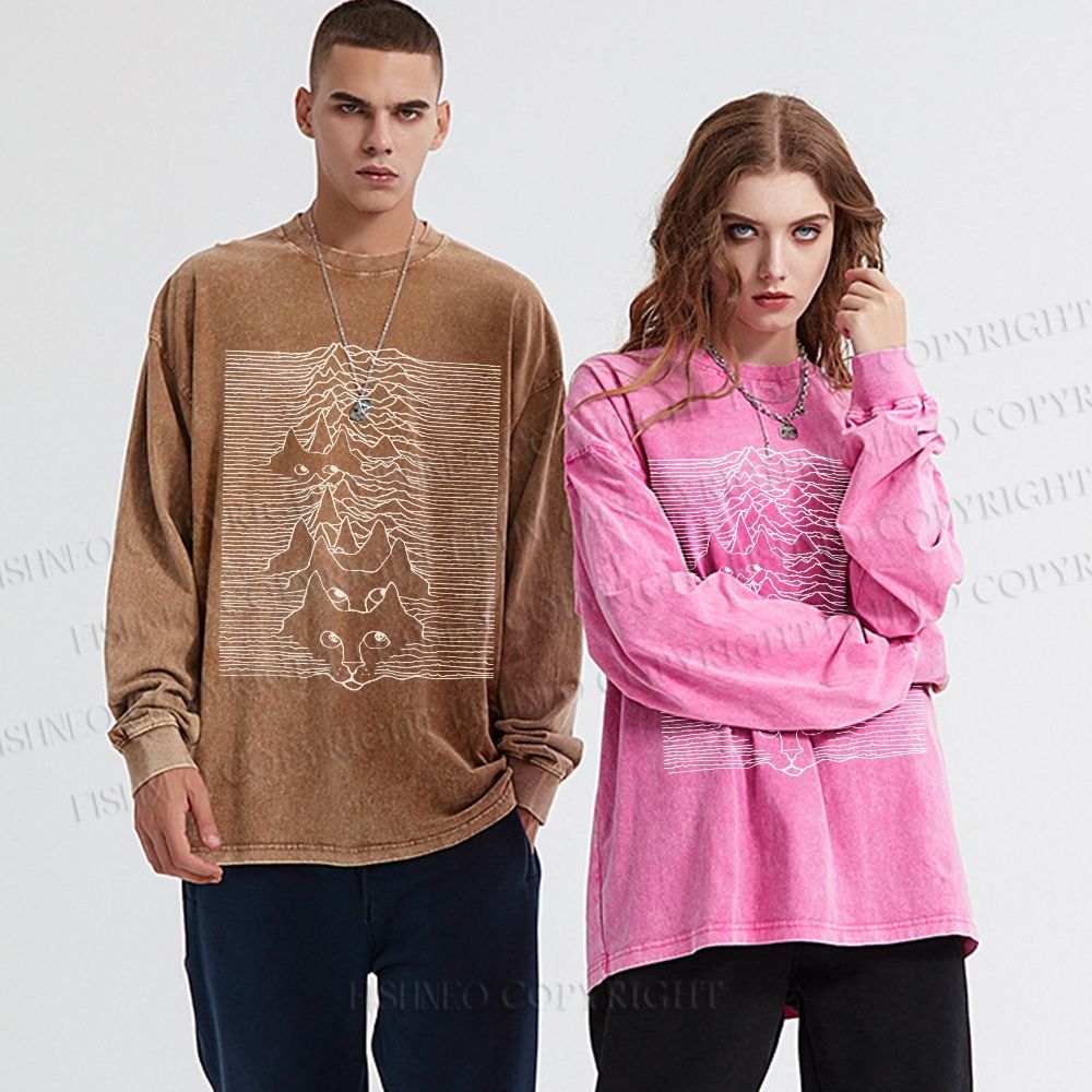 Unisex Casual Washed Artistic Wave Dog Printed Long Sleeve T-shirt