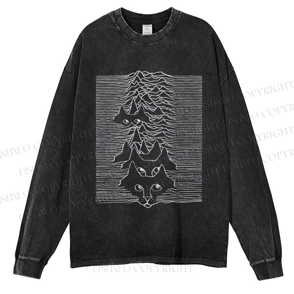 Unisex Casual Washed Artistic Wave Dog Printed Long Sleeve T-shirt