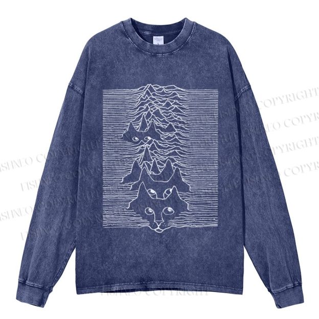 Unisex Casual Washed Artistic Wave Dog Printed Long Sleeve T-shirt
