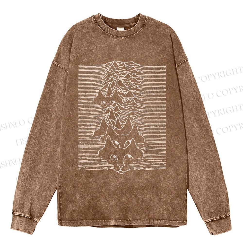 Unisex Casual Washed Artistic Wave Dog Printed Long Sleeve T-shirt