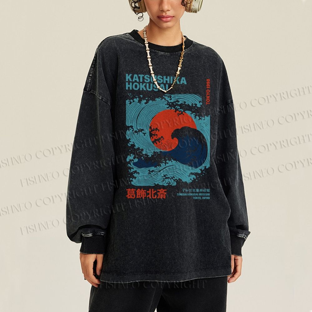 Unisex Casual Washed Vintage Japanese Sea Wave Printed Long Sleeve T-shirt