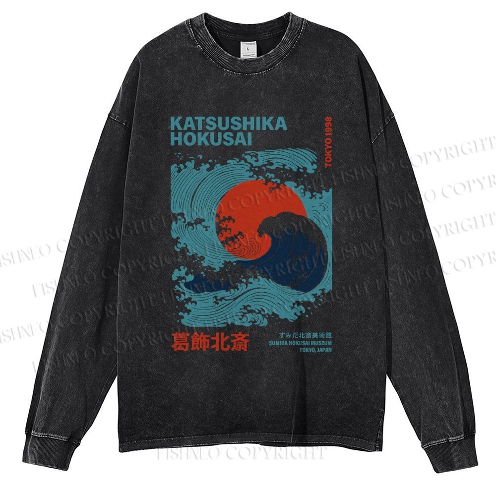 Unisex Casual Washed Vintage Japanese Sea Wave Printed Long Sleeve T-shirt