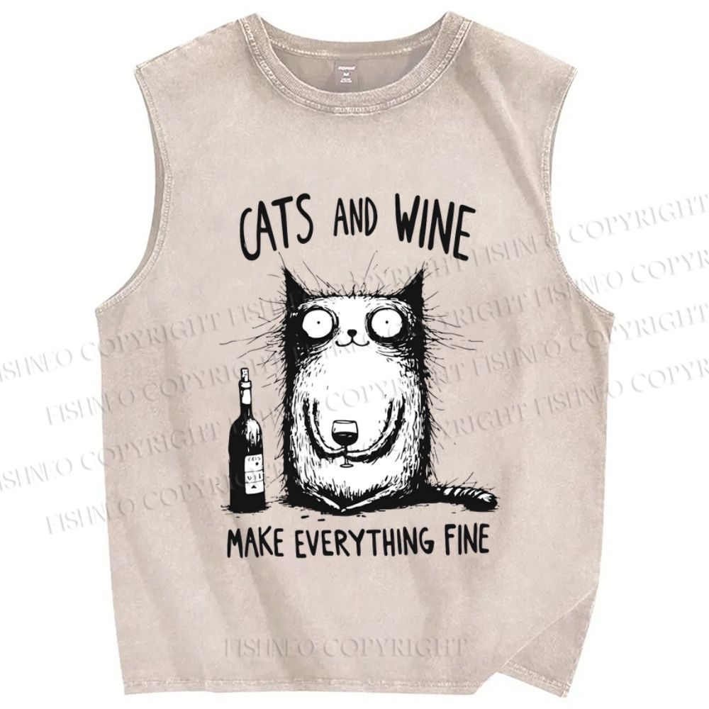 Unisex Cat And Wine Printed Washed Tank Top