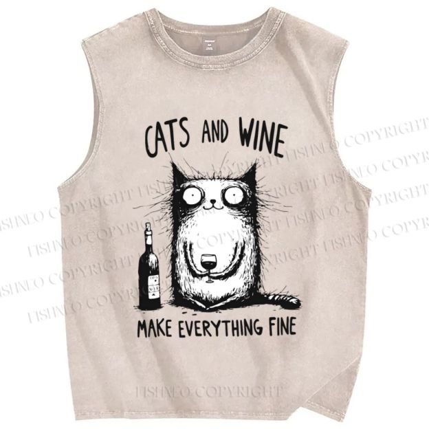 Unisex Cat And Wine Printed Washed Tank Top