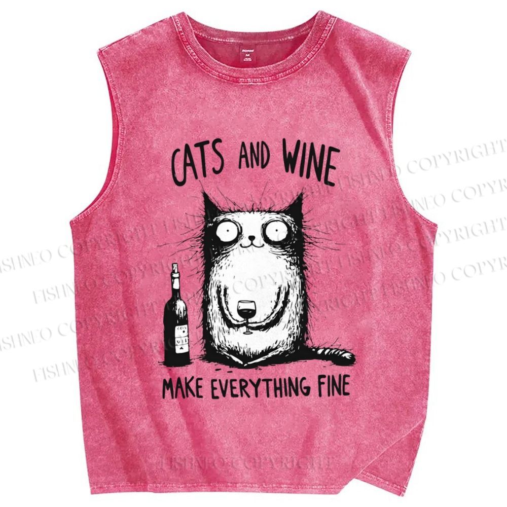 Unisex Cat And Wine Printed Washed Tank Top