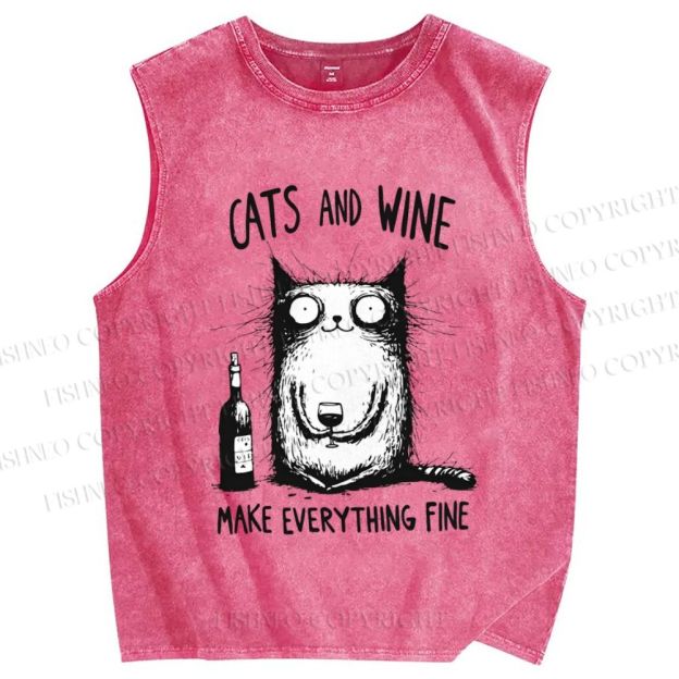 Unisex Cat And Wine Printed Washed Tank Top
