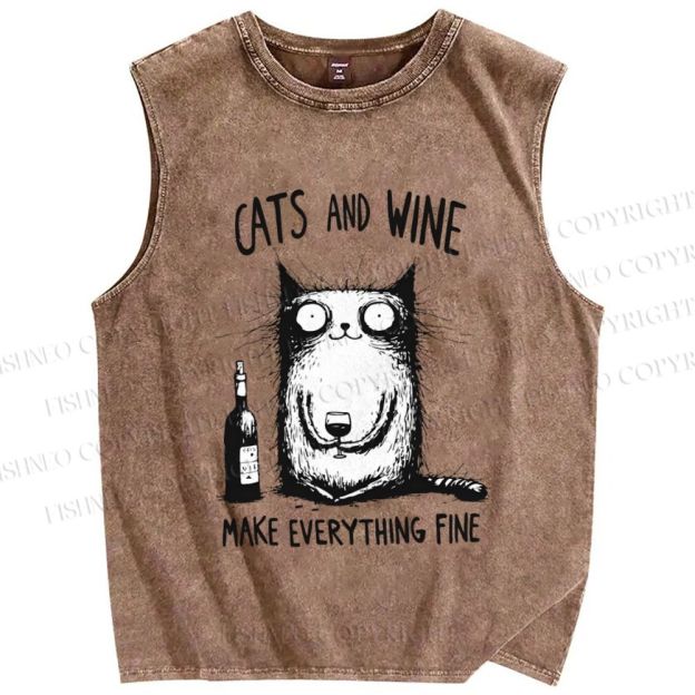 Unisex Cat And Wine Printed Washed Tank Top