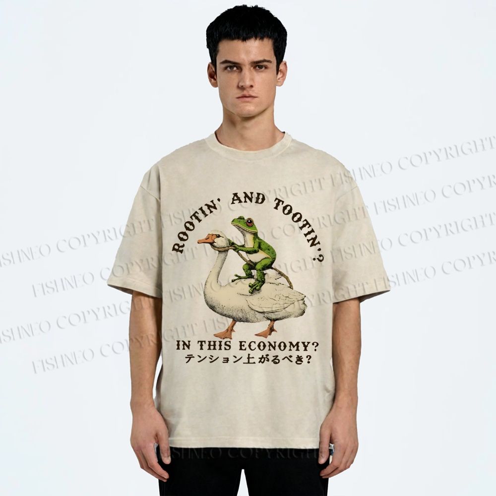 Unisex Goose And Frog Printed Washed Tee