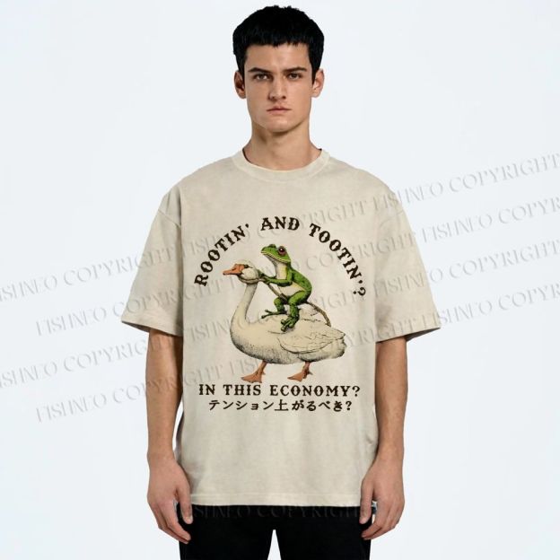 Unisex Goose And Frog Printed Washed Tee