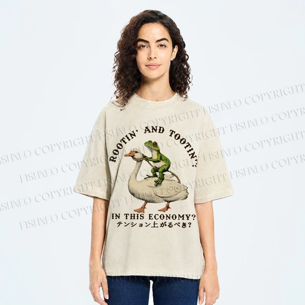Unisex Goose And Frog Printed Washed Tee