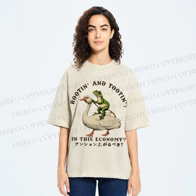 Unisex Goose And Frog Printed Washed Tee