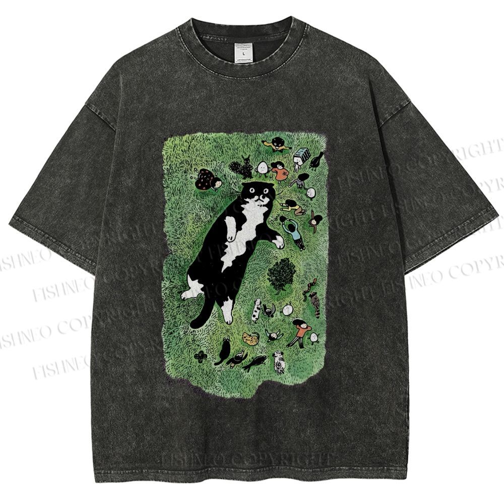 Unisex Cute Cat Graffiti Printed Washed Tee