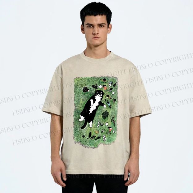 Unisex Cute Cat Graffiti Printed Washed Tee