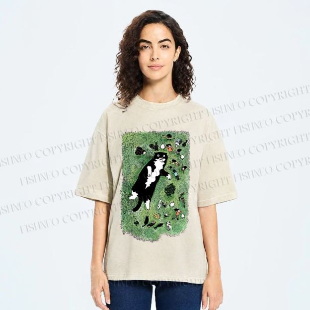 Unisex Cute Cat Graffiti Printed Washed Tee