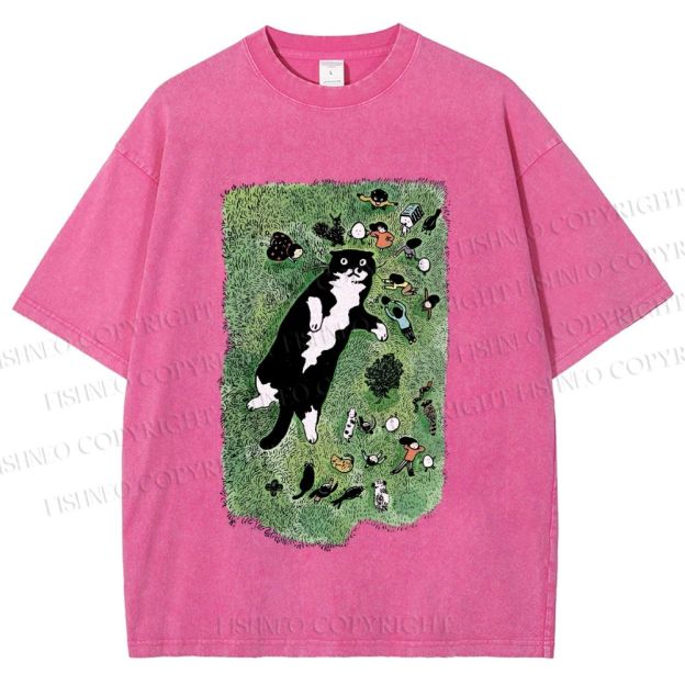 Unisex Cute Cat Graffiti Printed Washed Tee