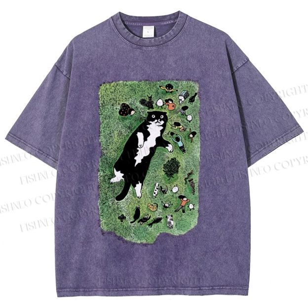 Unisex Cute Cat Graffiti Printed Washed Tee