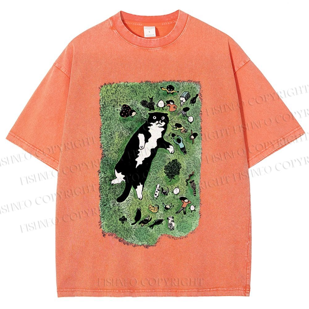 Unisex Cute Cat Graffiti Printed Washed Tee